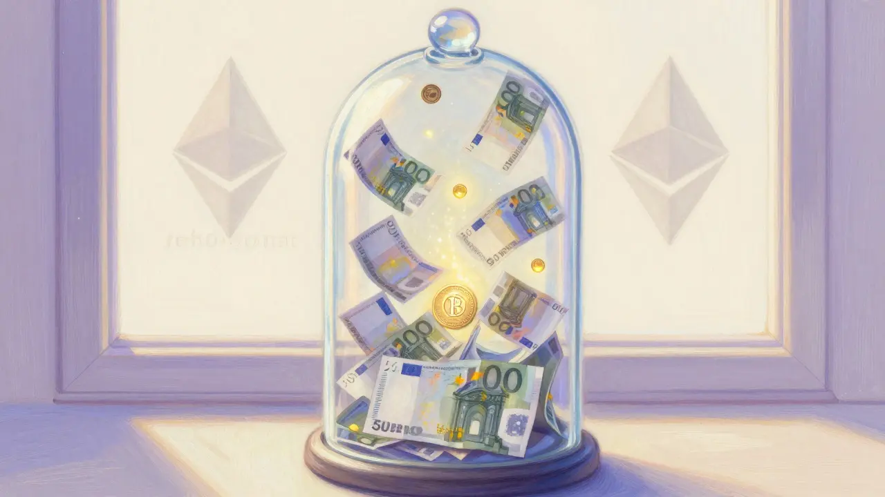 Transparent vault with euro notes turning into EURI tokens in soft pastel tones.