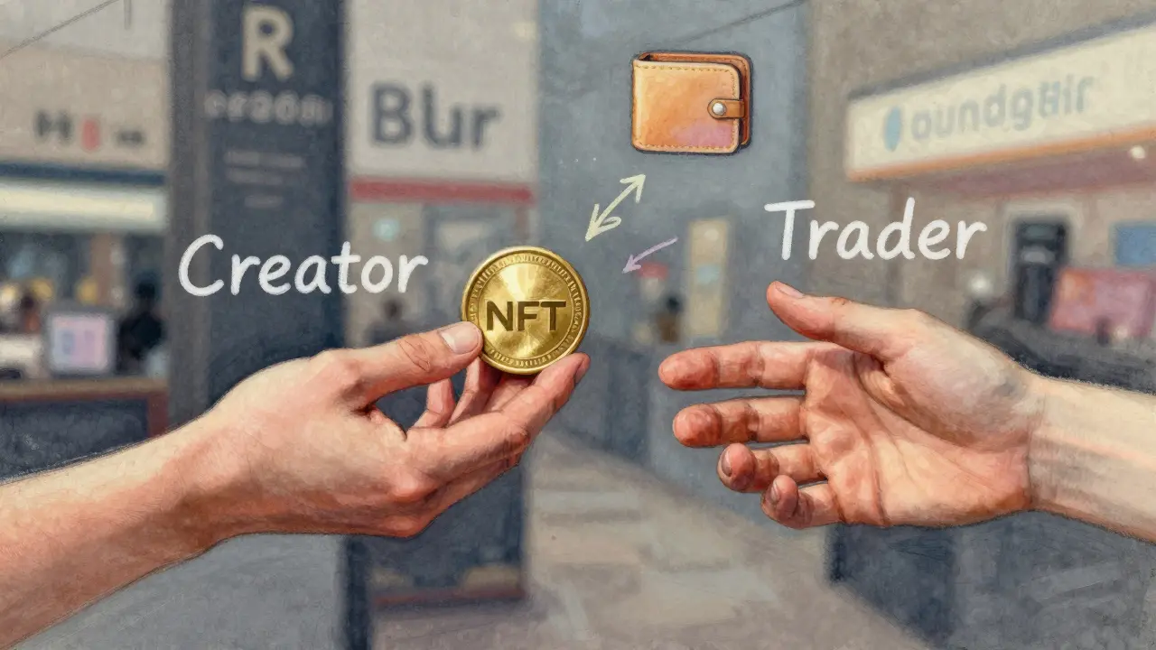Two hands reaching for an NFT token, one from the creator and one from a trader, with royalty payments drifting upward.