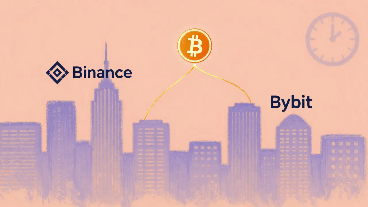 Two pastel city skylines connected by a golden thread between Bitcoin and Tether icons, symbolizing exchange arbitrage.