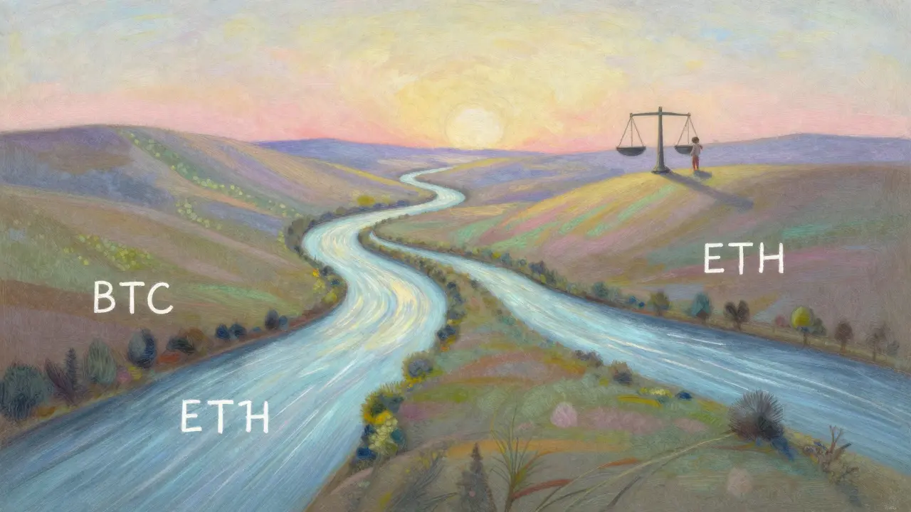 Two rivers labeled BTC and ETH flowing together, one slightly diverging, with a figure balancing them in a pastel landscape.
