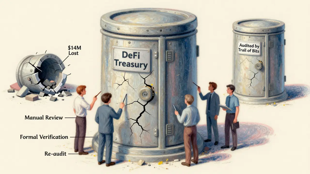 Vault with cracks being repaired by auditors, beside a ruined vault labeled 'M Lost', in muted pastel tones.