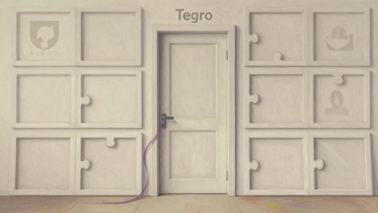 A closed door labeled 'Tegro' on a wall of unfinished canvases, symbolizing missing transparency.
