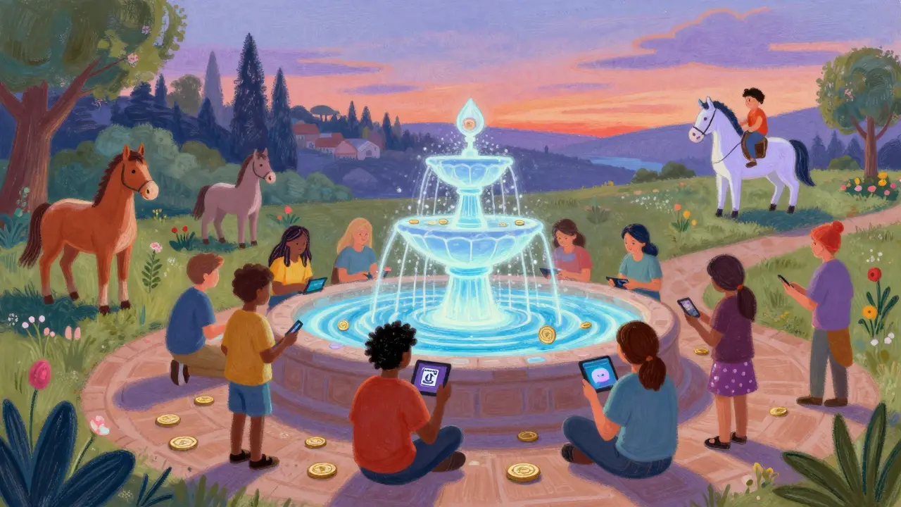 A community gathering around a glowing fountain of ZERC tokens, with people creating content and riding digital horses.