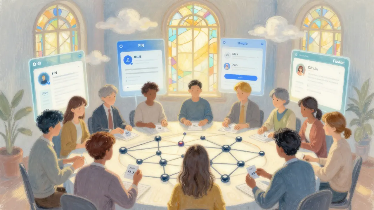 A community votes around a table as DeFi app interfaces glow like stained glass behind them.