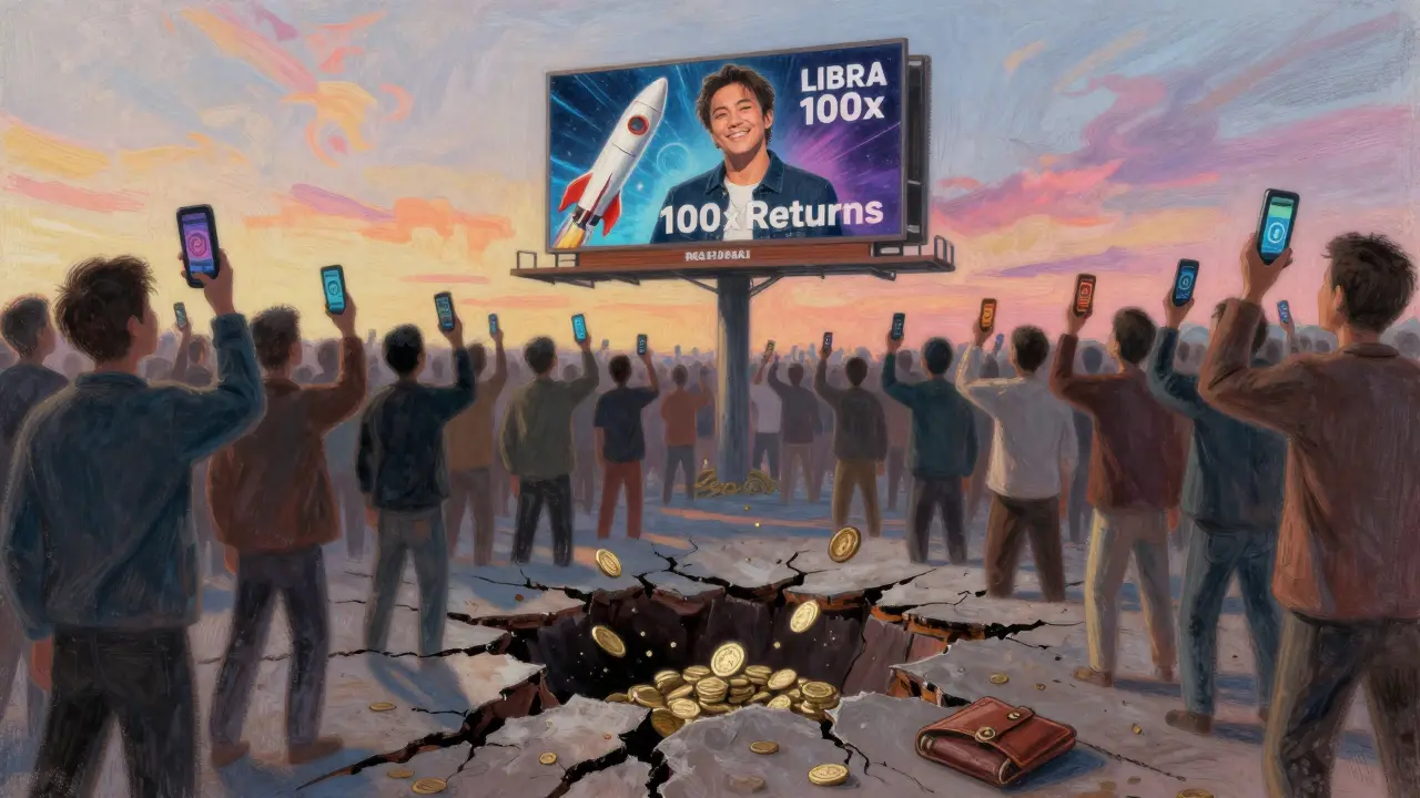 A crowd gazes at a celebrity-endorsed crypto ad while the ground beneath them crumbles into a void of lost funds.