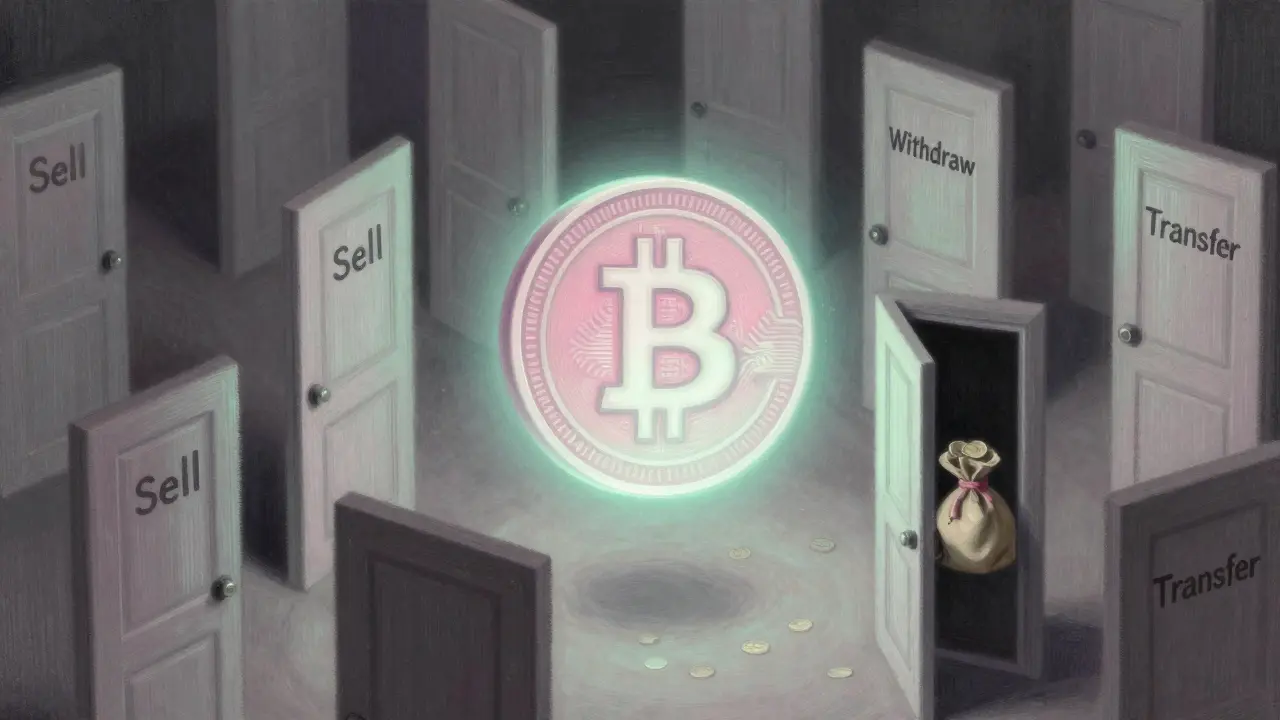 A cryptocurrency token trapped in a maze of locked doors, with only one door ajar revealing a thief's hand.