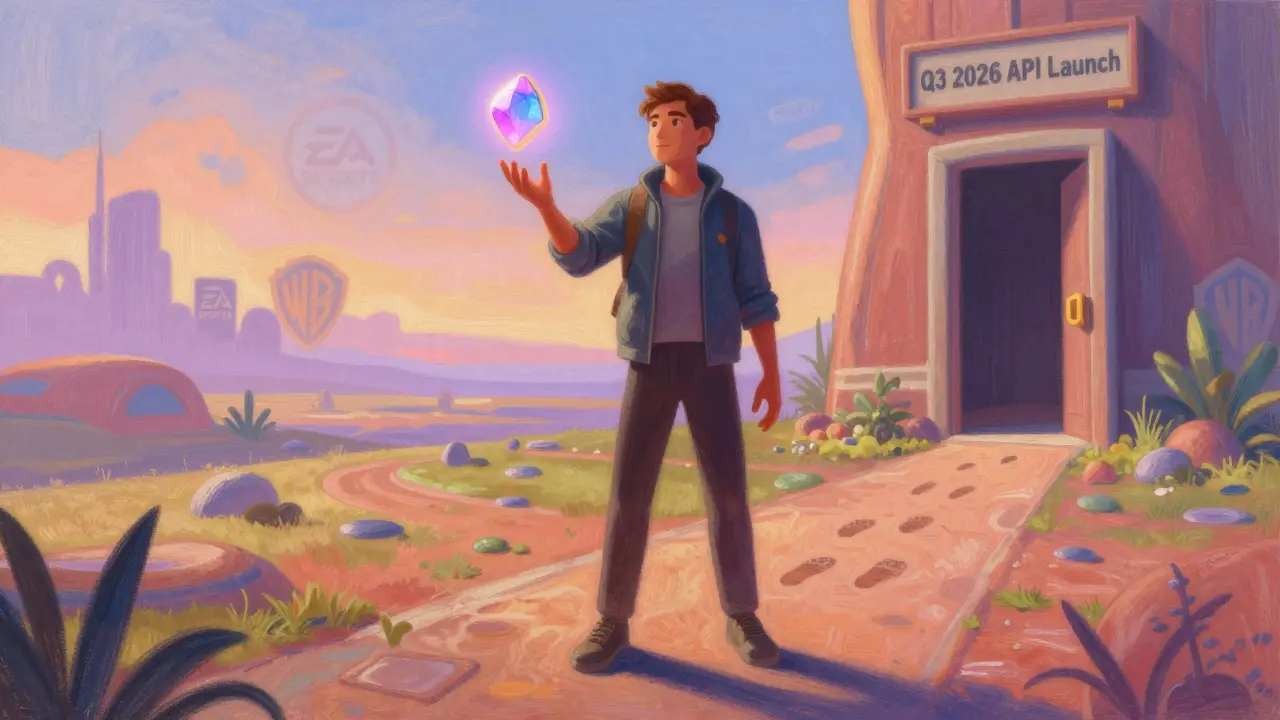 A digital human standing in a dreamlike metaverse, with subtle studio logos in the distance and a glowing ANTIX token ahead.