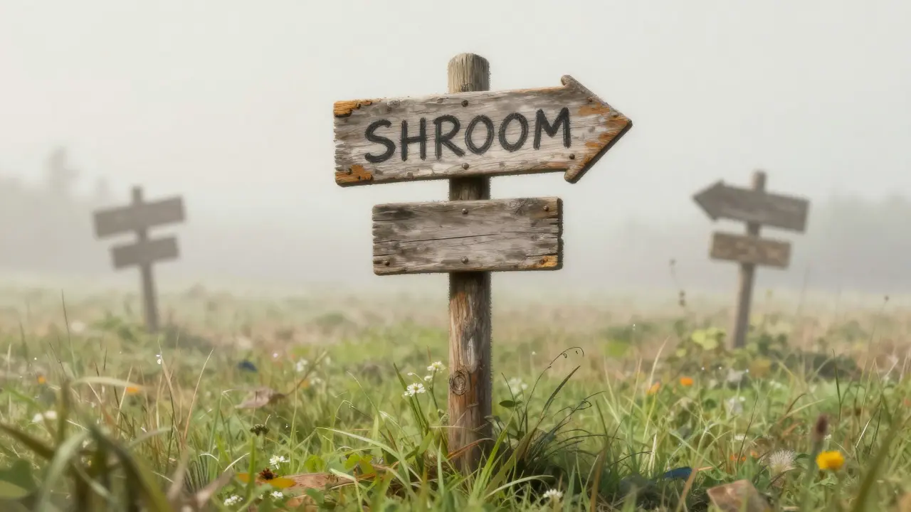 A faded wooden signpost pointing to 'SHROOM' in a misty meadow, surrounded by blank, erased markers.