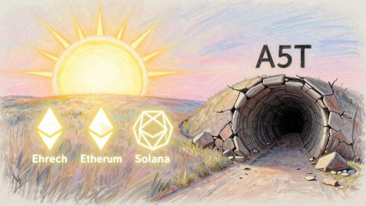 A forked path: one side leads to major cryptocurrencies under sunlight, the other to a dark tunnel labeled A5T.