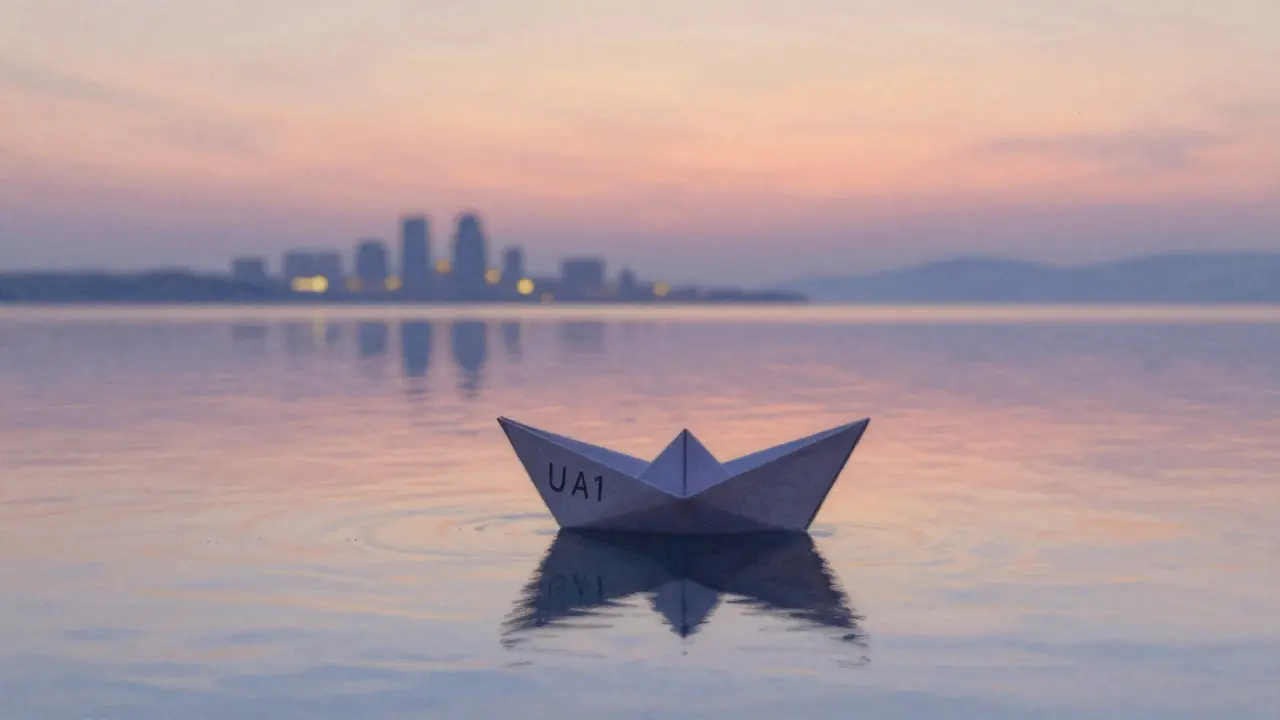 A fragile paper boat labeled 'UA1' drifts alone on a still ocean toward a distant, blurred city.
