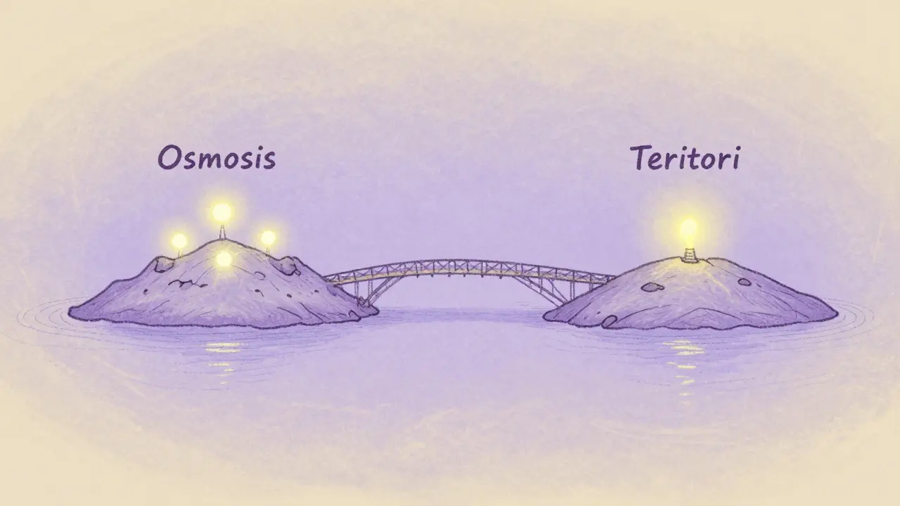 A fragile pastel bridge connects Osmosis to Teritori, with no other paths visible.