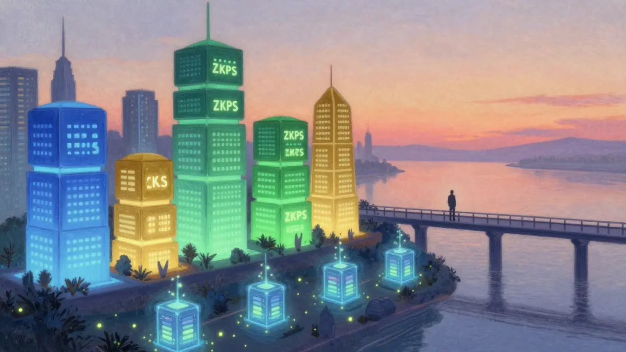 A futuristic city with blockchain-shaped buildings glowing in pastel colors, symbolizing efficient and compliant consensus.