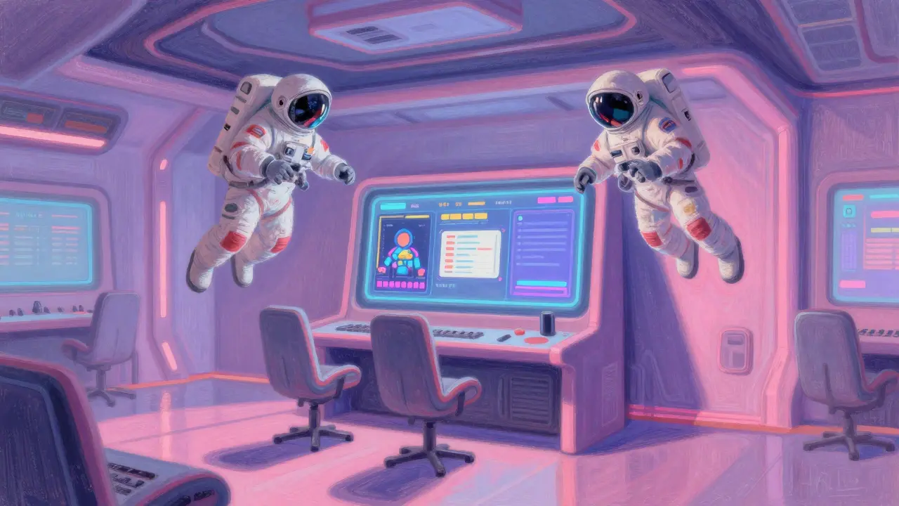 A futuristic gaming lounge with floating astronauts and a blank bounty board in muted pastel tones.