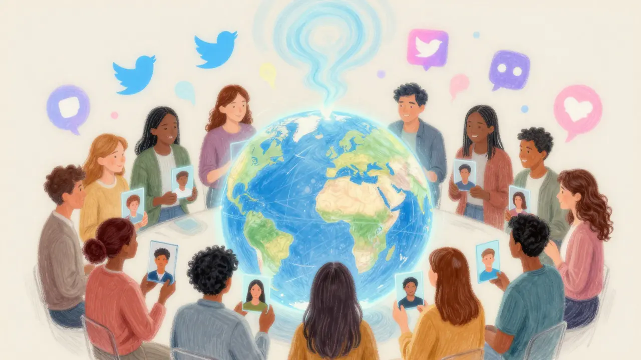 A global community of people interacting with their personalized digital avatars, represented in gentle pastel hues and soft light.