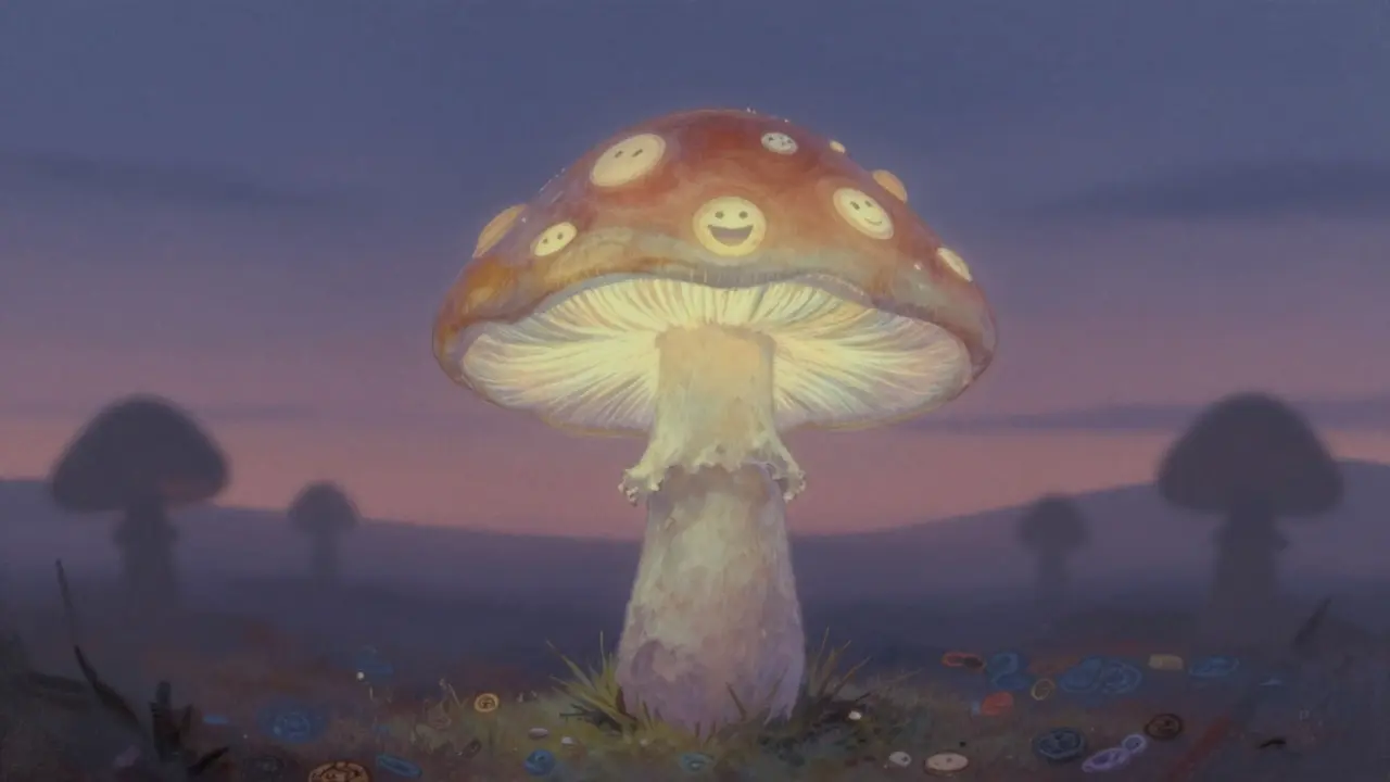 A glowing mushroom with laughing faces inside, under twilight, as other crypto tokens fade into the fog.