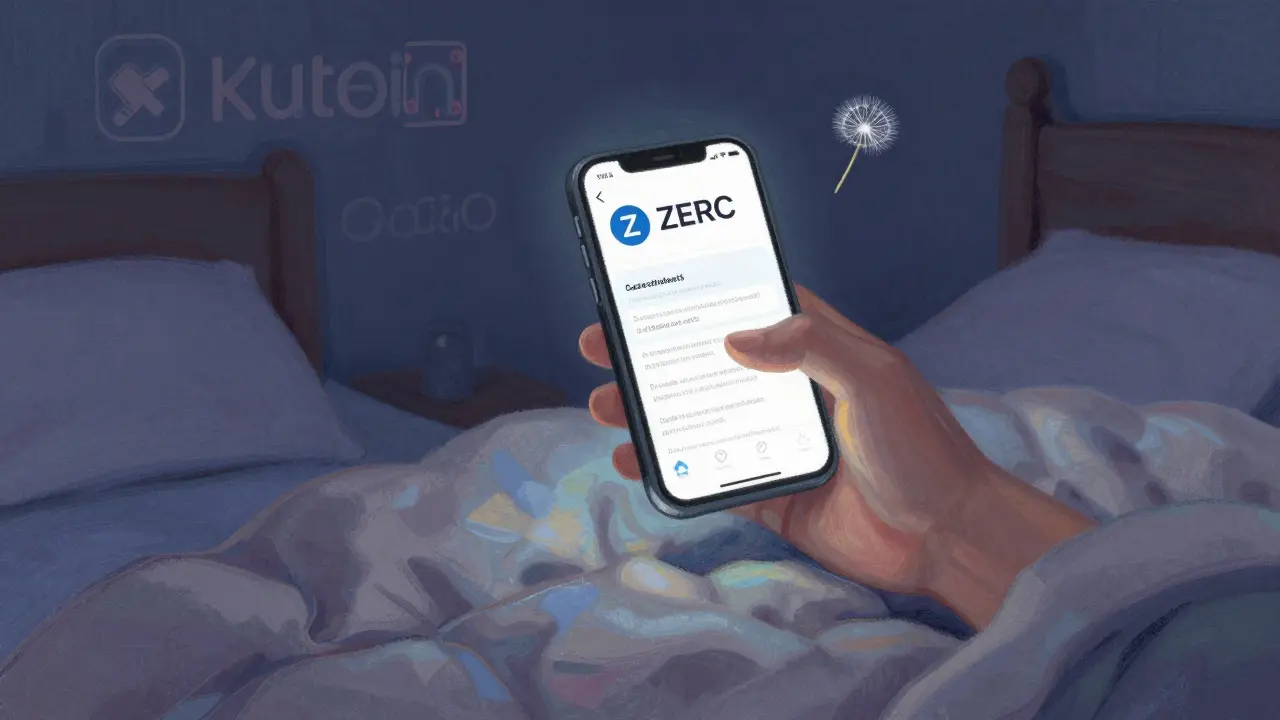 A hand holding a smartphone showing the ZERC contract address with exchange logos in the background at night.