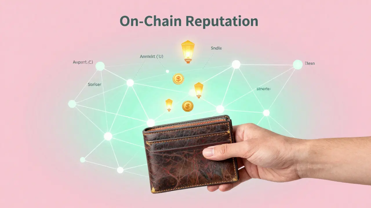 A hand placing a wallet into a glowing web of on-chain reputation data, with floating transaction icons.