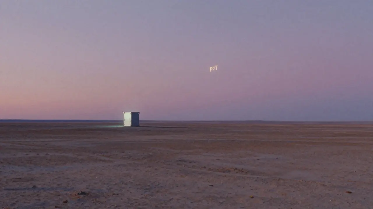 A lone PPT token drifts in an empty digital landscape under a twilight sky.