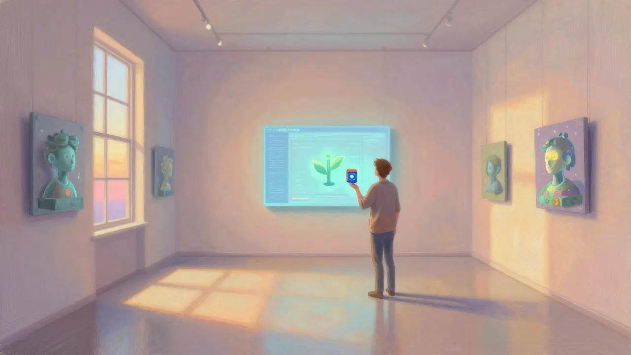 A lone visitor in a serene virtual art gallery holding a DVI token, surrounded by glowing digital artworks.