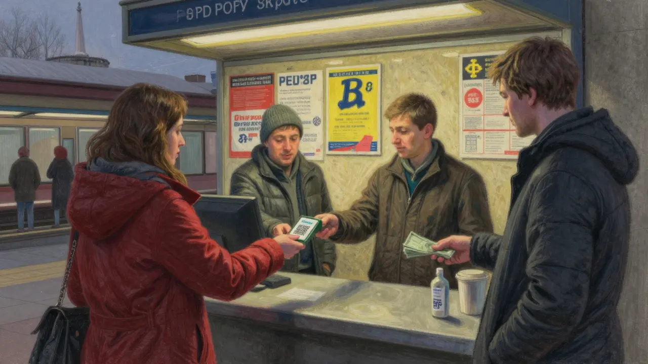 A P2P crypto exchange occurs in a Moscow metro station, with cash and QR payments happening side by side.