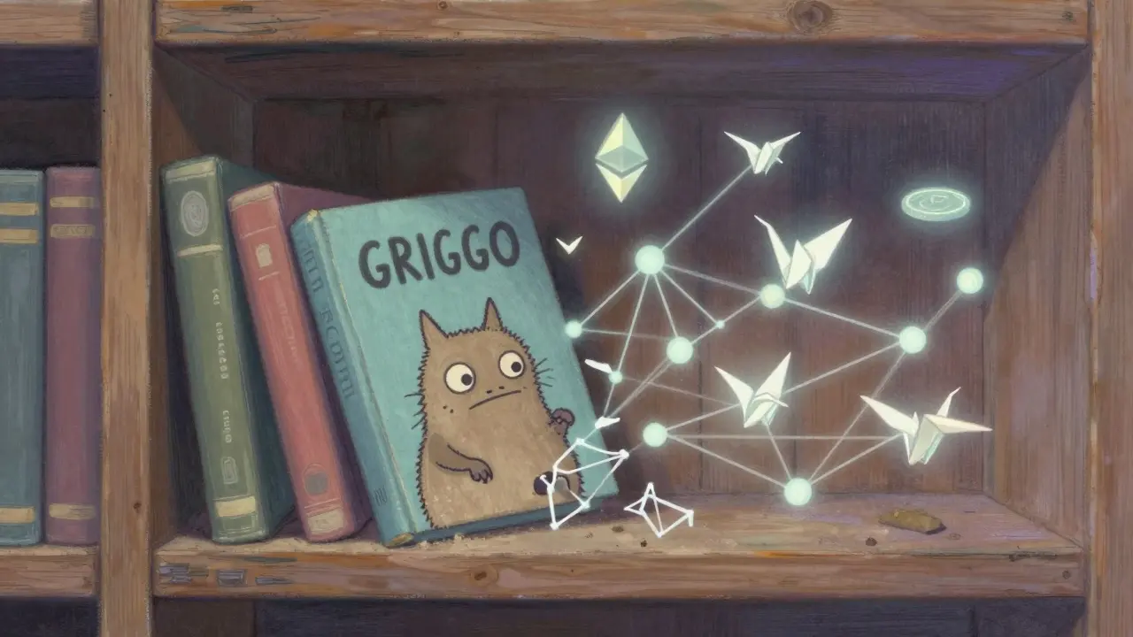 A pastel illustration of a book with Groggo on the cover, with faint digital tokens floating like paper cranes above it.
