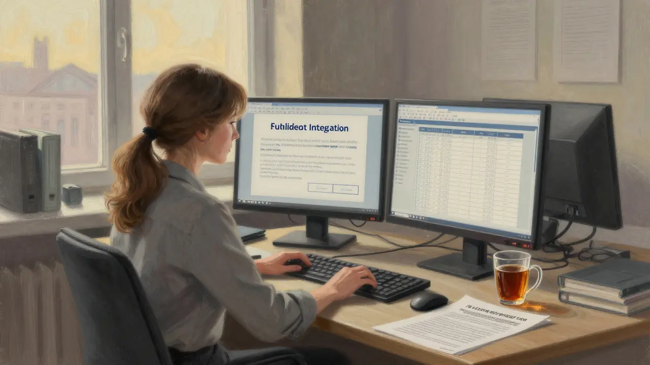 A Russian accountant faces dual screens showing government crypto policy and international transactions at dawn.