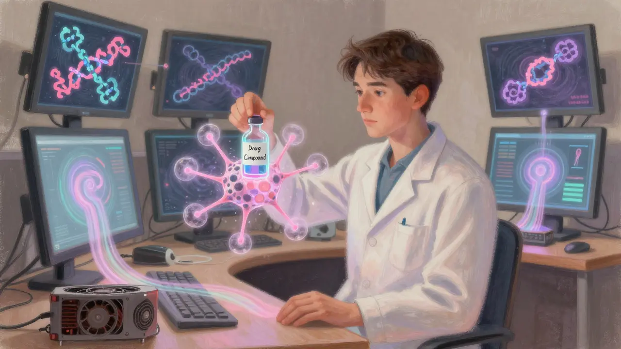 A scientist placing a drug vial into a neural interface, with protein folding simulations glowing in the background.