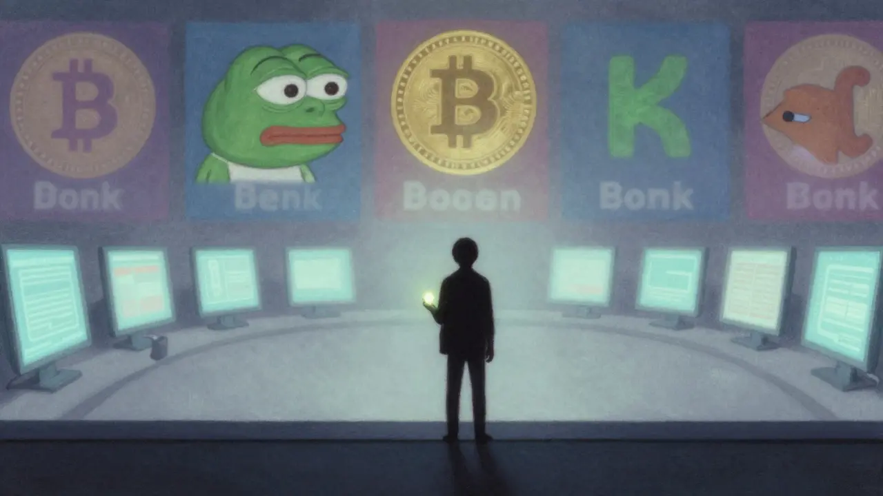A shadowy figure holding a glowing GROGGO token on an empty trading floor, with faded meme coins in the background.