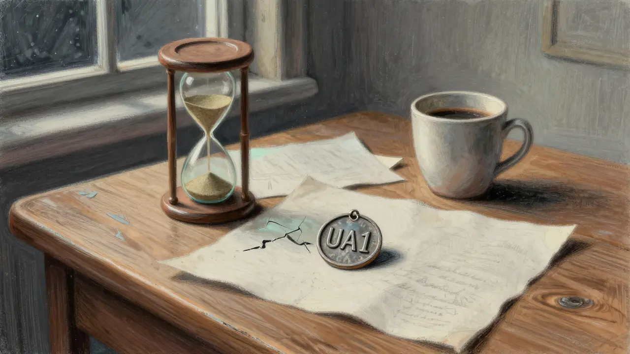 A single UA1 token rests beside an empty hourglass and blank papers on a quiet, dimly lit table.