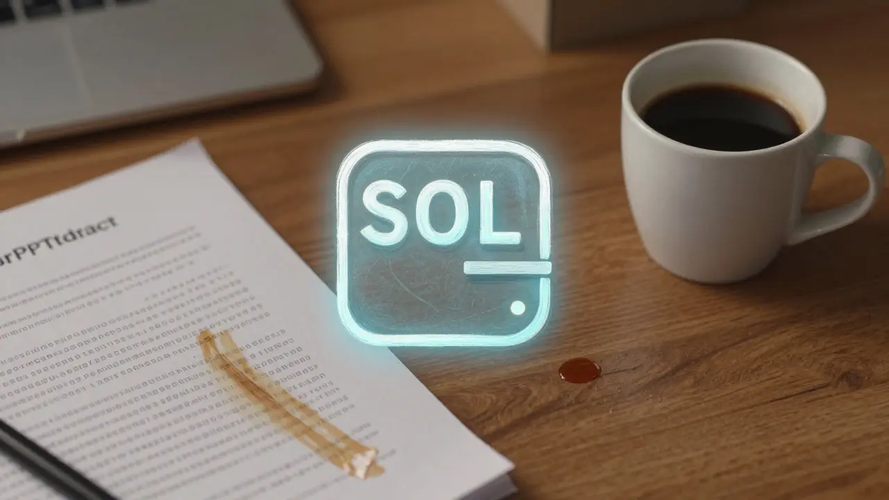 A Solana wallet sits beside a scribbled contract address and a cold coffee cup.