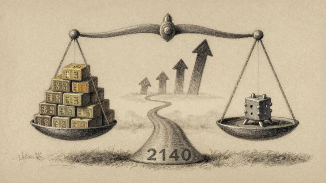 A symbolic scale balancing Bitcoin halvings and transaction fees, leading toward a distant horizon.