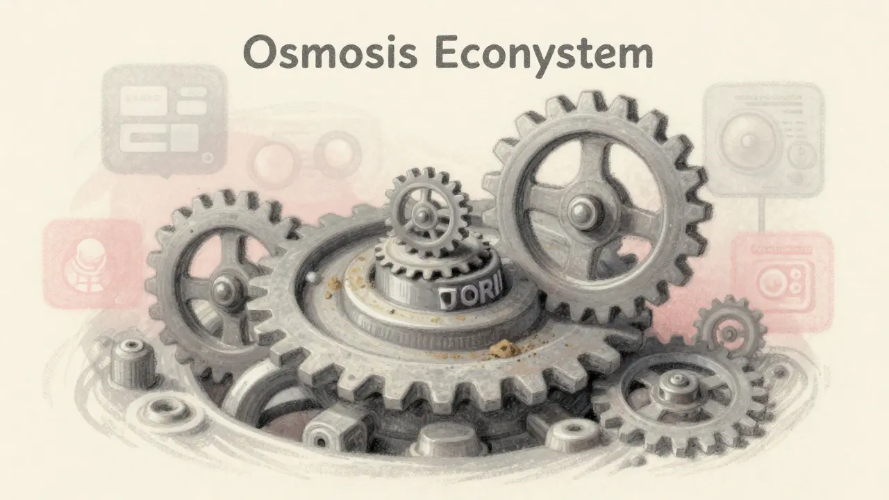 A tiny dusty TORI gear sits unused inside a large, turning Osmosis ecosystem machine.