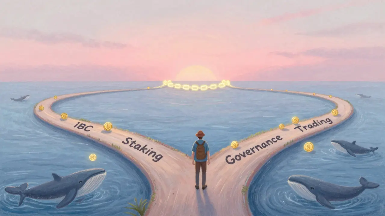 A traveler stands at a crossroads of DeFi paths, with whales and tokens guiding the way.