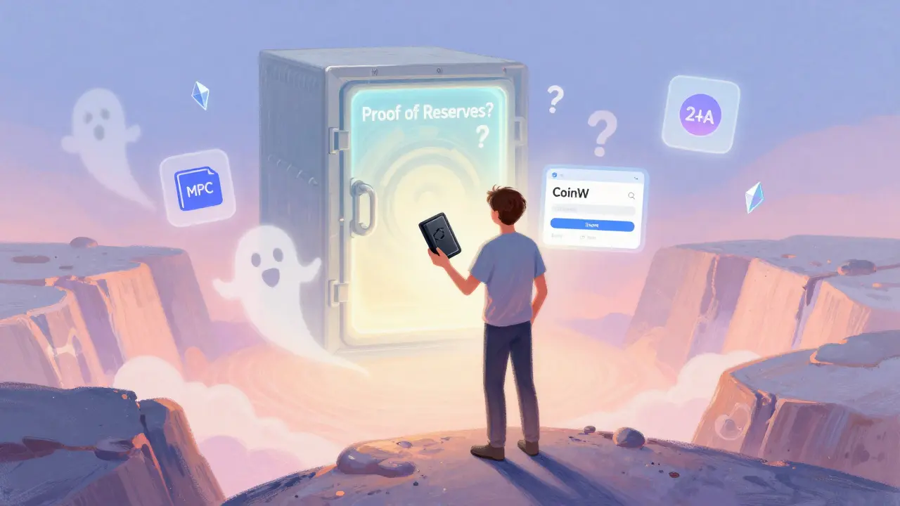 A user torn between a hardware wallet and CoinW login, with abstract symbols of security and uncertainty floating nearby.