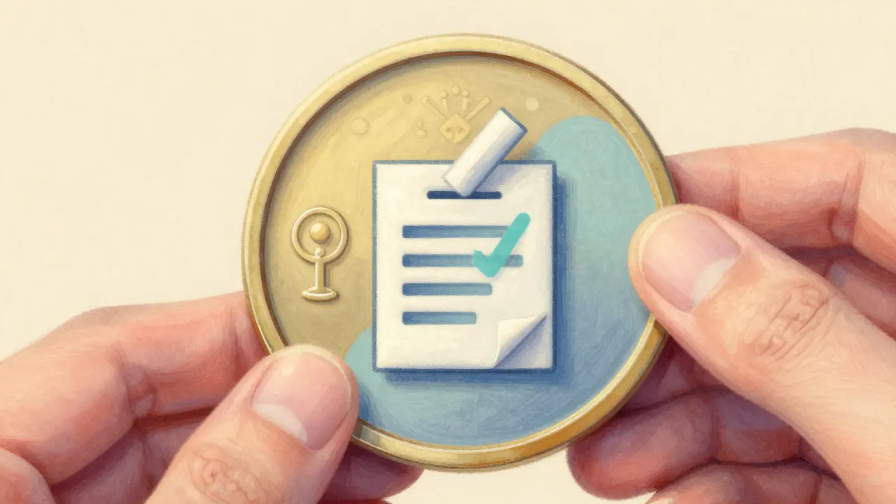 A utility token with voting and reward symbols, held by a hand, representing governance in decentralized exchange.