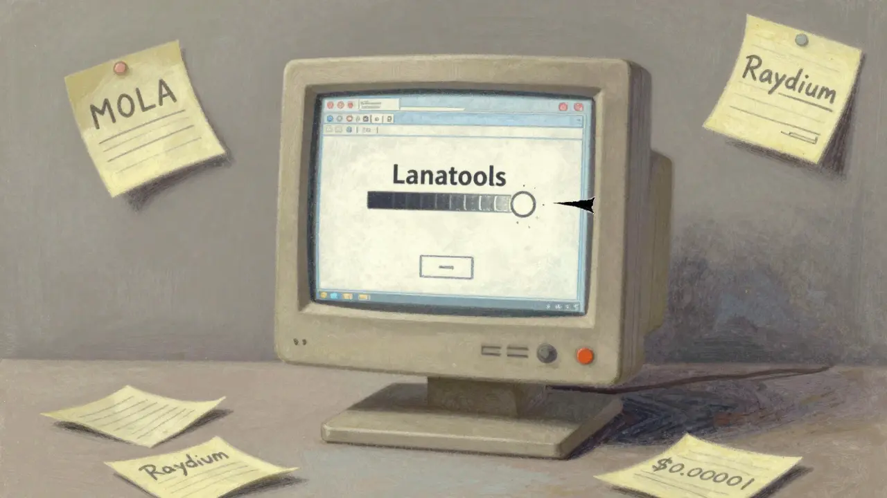 An old monitor showing a broken webpage with scattered notes about MOLA in pastel tones.