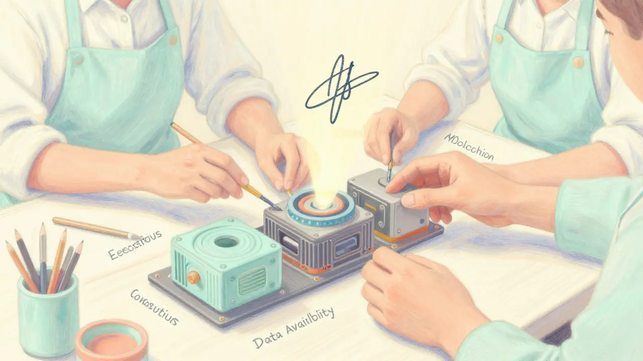 Artisans assembling a modular blockchain engine from labeled components under soft pastel lighting.