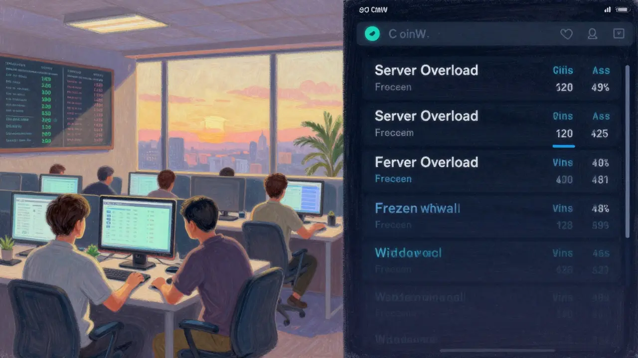 Contrasting scenes of calm Asian trading activity versus a frozen CoinW server interface, rendered in soft pastel tones.