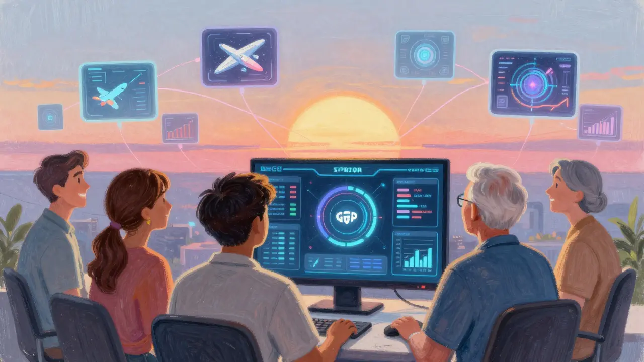 Diverse people watching their GPUs power quantum simulations, connected by pastel threads to a rising quantum sun.