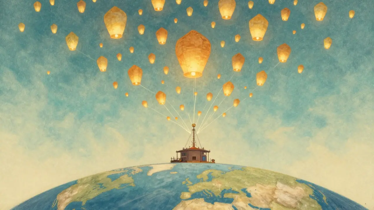 One thousand unique NFTs drift like lanterns through a digital sky, connected by glowing threads to a mining hub below.