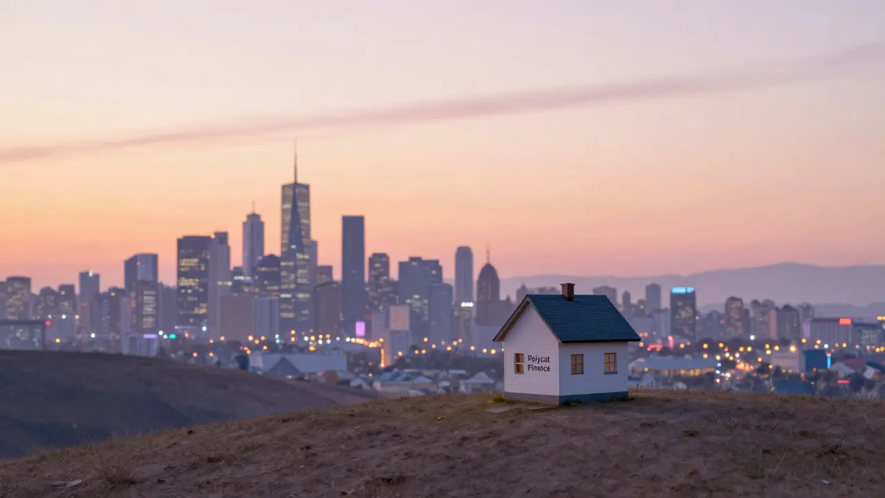 Small house isolated on hill contrasting with bustling city of exchanges