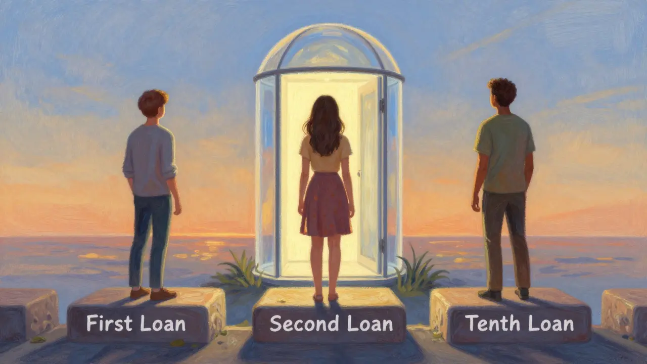 Three diverse people ascending steps toward an open vault with no lock, symbolizing earned DeFi access.