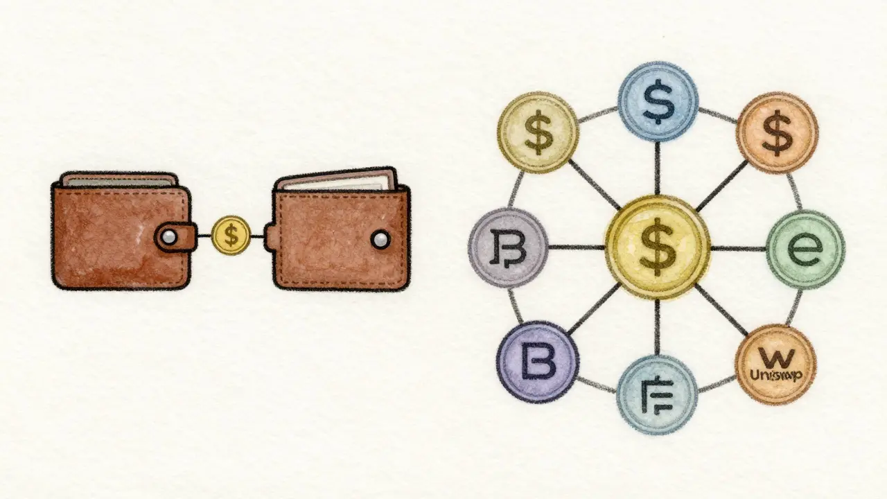 Two trading scenes: simple transaction flow vs. complex liquidity network, contrasting Tokenlon and Uniswap approaches.