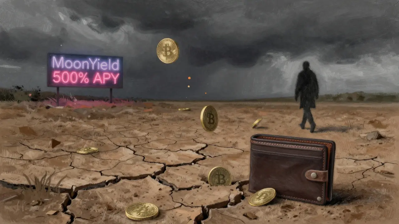 A barren field with fading crypto tokens blowing away as a failed yield farm sign flickers.