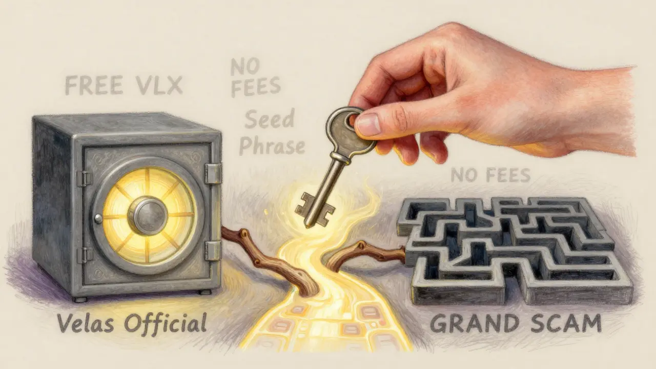 A hand holding a seed phrase key, with one path leading to safety and another into a scam maze, drawn in pastel.