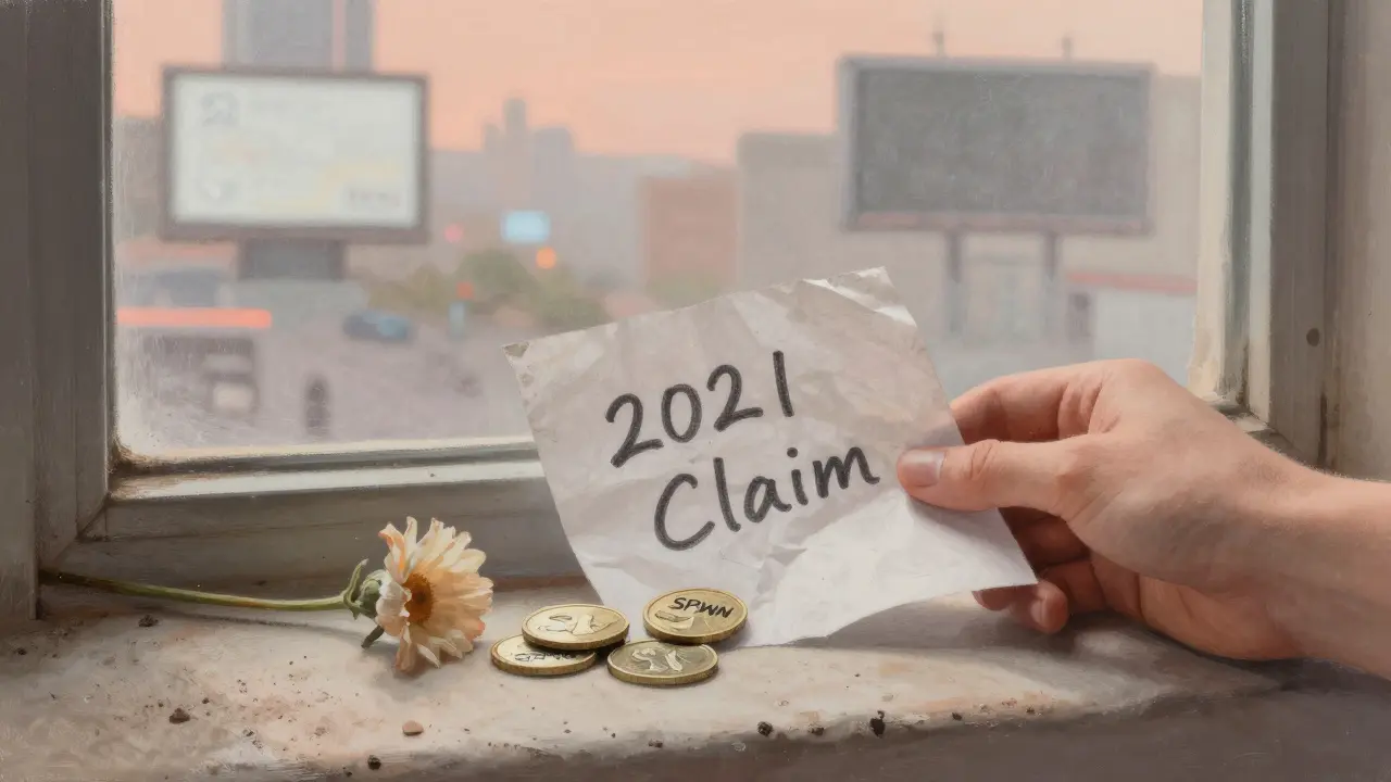 A hand holds a crumpled claim paper with SPWN tokens spilled on a dusty windowsill.