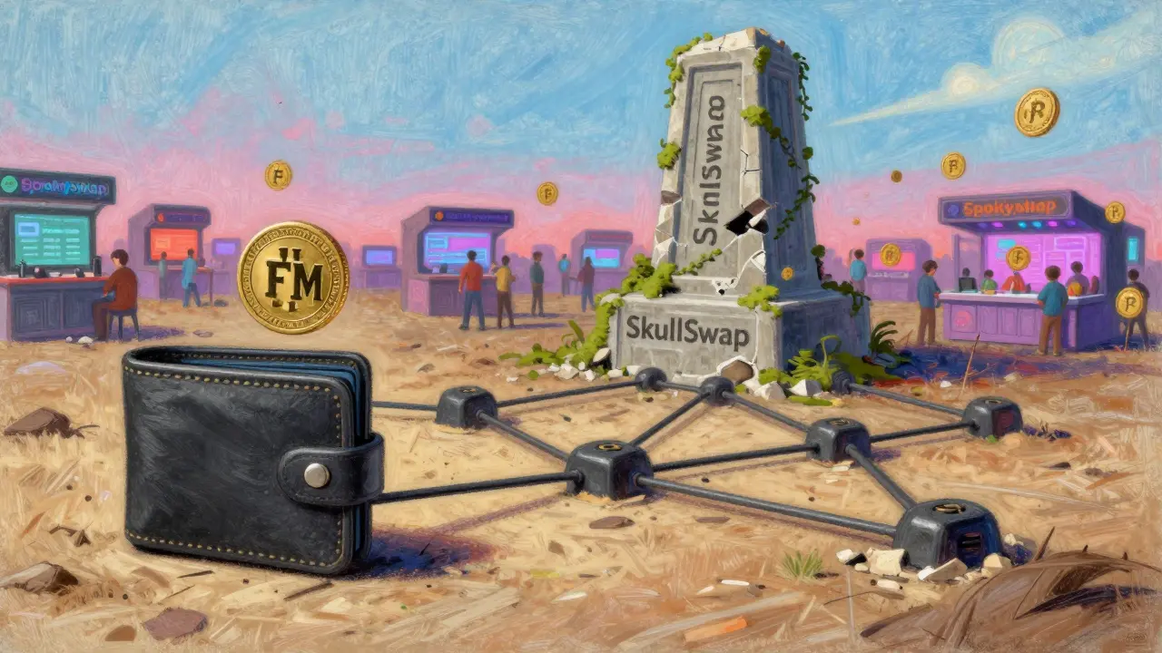 A lone wallet connected to a dead blockchain beside a crumbling SkullSwap monument, with SpookySwap alive in the distance.