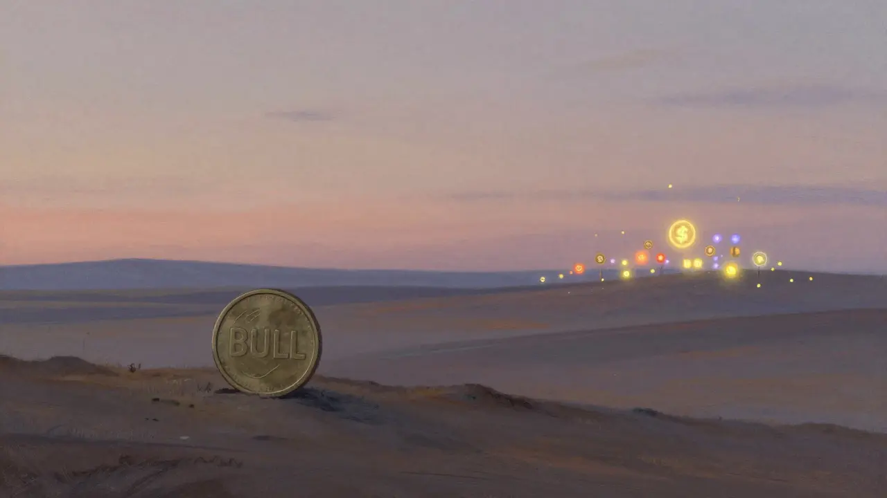 A lonely BULL token on a hill while other crypto projects glow brightly in the distance.