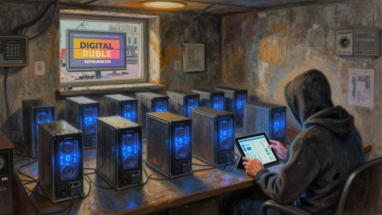 A miner in a basement surrounded by Bitcoin rigs, with a distant digital ruble billboard visible through the window.
