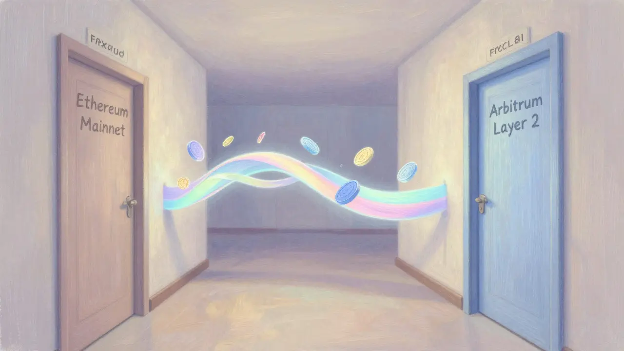 A pastel bridge connecting Ethereum Mainnet and Arbitrum Layer 2, with FRXUSD tokens glowing as they cross.